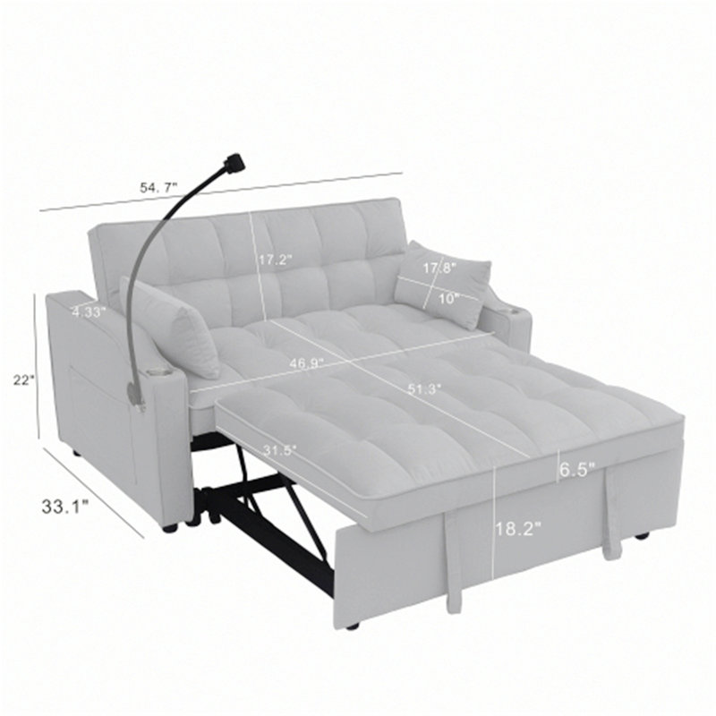 Causeuse moderne, canapé-lit avec lit escamotable, coussins décoratifs et poches