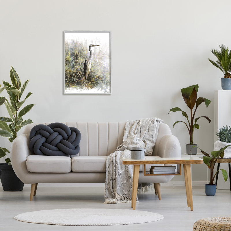 Heron Bird Water's Edge Pond par Pip Wilson - cadre flottant, impression sur bois, H 30 po x l 24 po x P 1,5 po