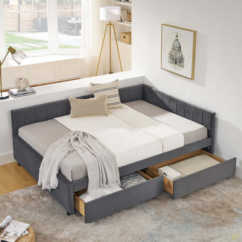 Full Size Upholstered Tufted Bed Frame With Two Drawers, Sofa Bed Frame With Comfortable Backrest And Armrests, Velvet(79.5''X58''x25'')