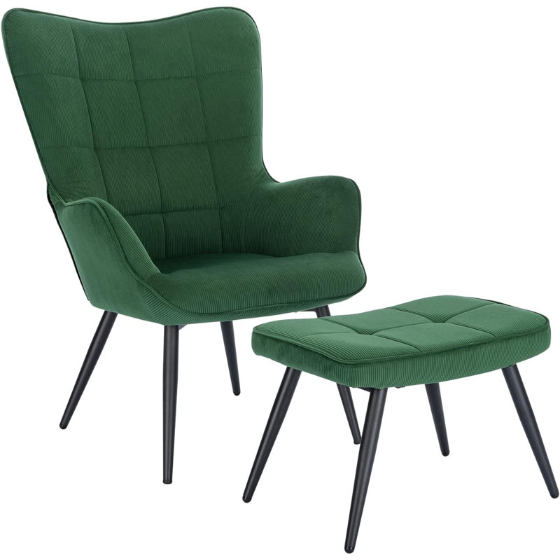 Nevin Velvet Lounge Chair With Footstool, Green