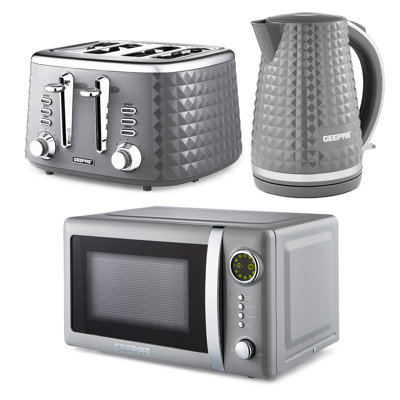 Geepas Electric Kettle 4 Slice Bread Toaster & Microwave Kitchen Set | 1.7L Textured Cordless Kettle 2200W | 4 Slice Toaster with 7 Level Browning Control | 700W Digital Microwave 20L