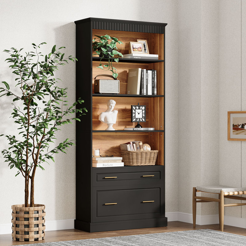 White & Walnut Bookcase with File Cabinet Drawers