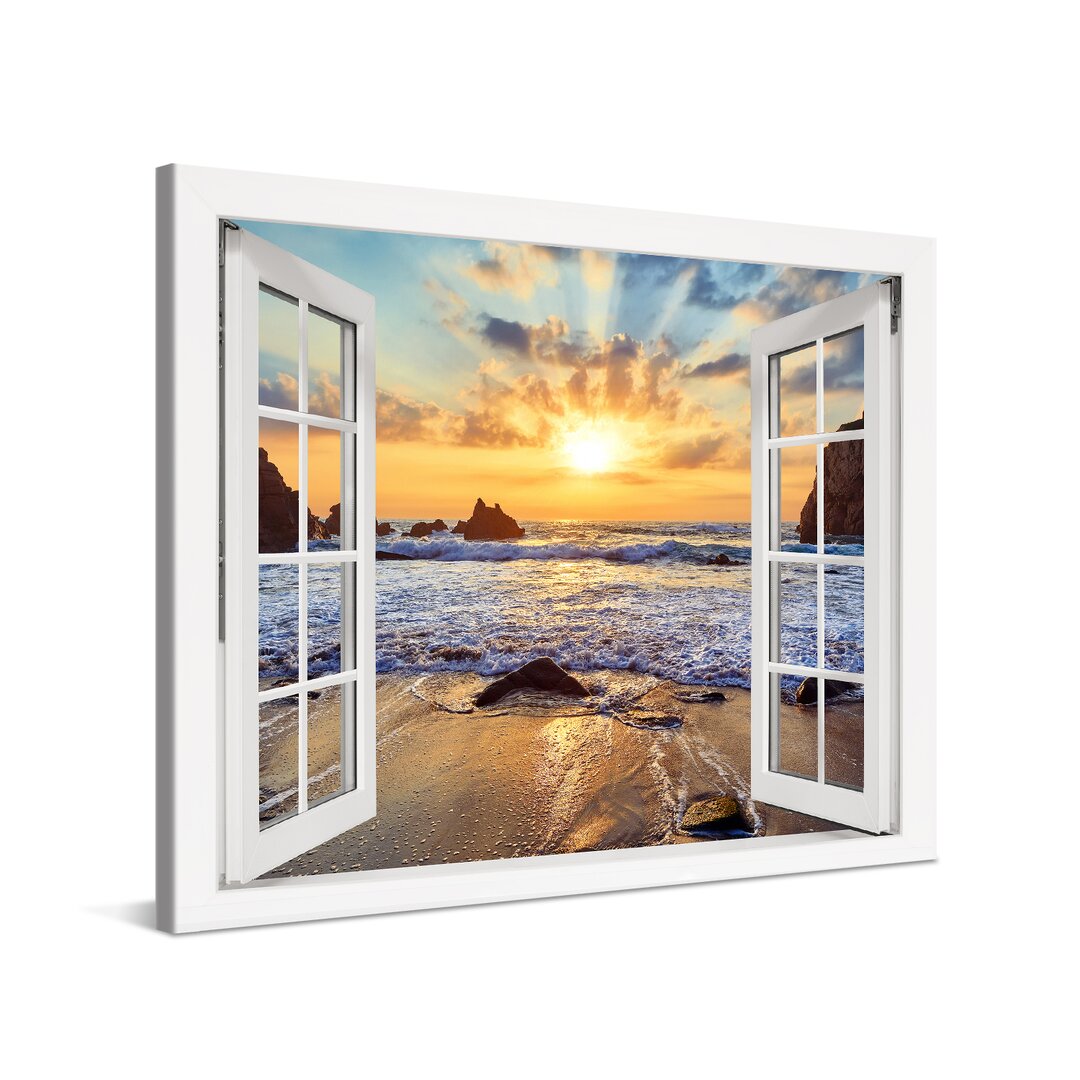 Leinwandbild Sunset Over Rocky Beach Window Xcm – Premium Leinwanddruck – Kunstdruck Auf Cm Holz-Keilrahmen Für Schlaf- ...