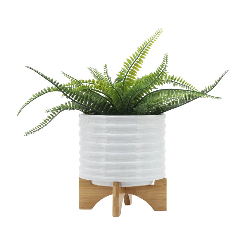 Modern Textured Ceramic Planter with Stand Indoor Outdoor, 9" H x 8" W x 8" D, White