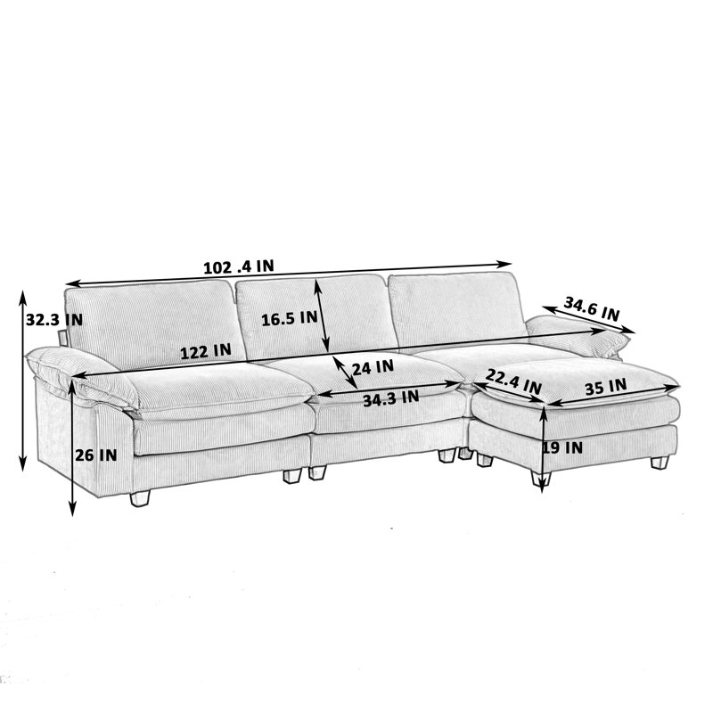 3 Seat 122" Upholstered Modular Sectional Sofa With Ottoman, Gray