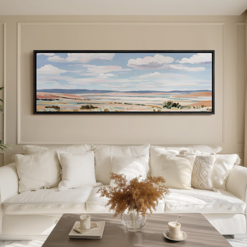 Art mural encadré - Paysage de désert ouvert avec ciel bleu et formes douces au pinceau - 16 po x 24 po, 24 po x 36 po, Noir