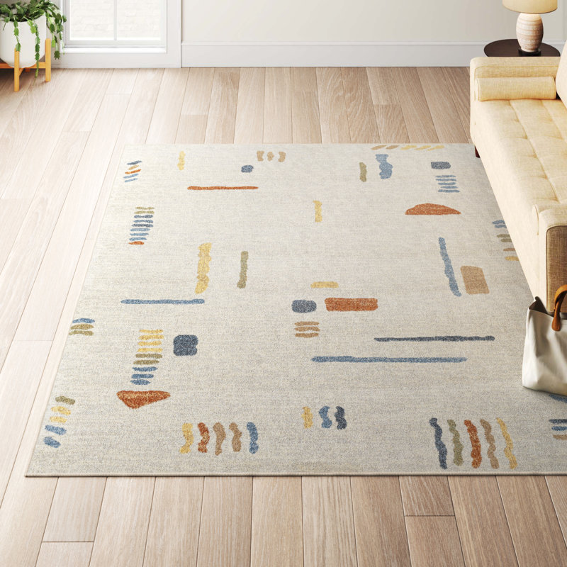Watkins Machine Washable Geometric Taupe/Yellow Area Rug, Rectangle 6'7" x 9'