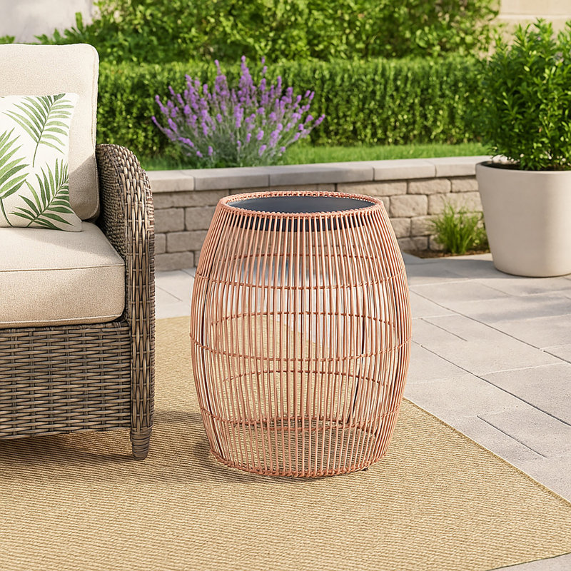Outdoor Bamboo Drum Side Table with Iron Top, Weather-Resistant Boho Accent Table for Patio & Garden