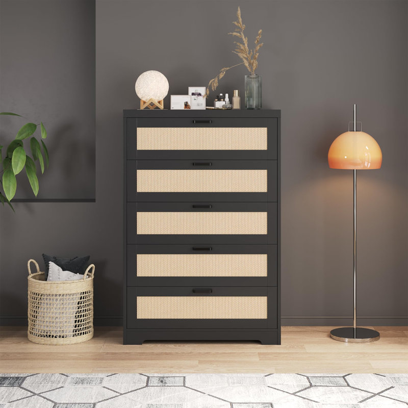 Commode haute pour chambre à coucher, commode en bois avec accents en rotin, commode de rangement verticale pour vestibule de salon