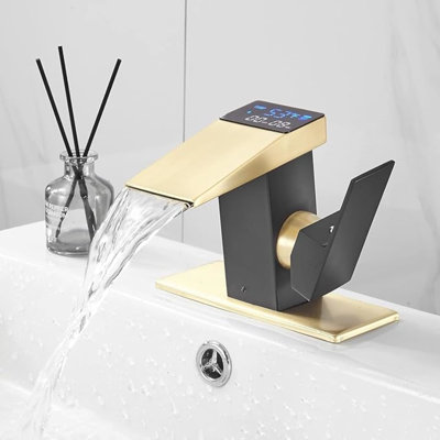 LED Light Bathroom Faucet One Hole Waterfall Temperature Display Hydraulic Power Single Handle Faucet, Waterfall Faucet for Bathroom Sink Mount