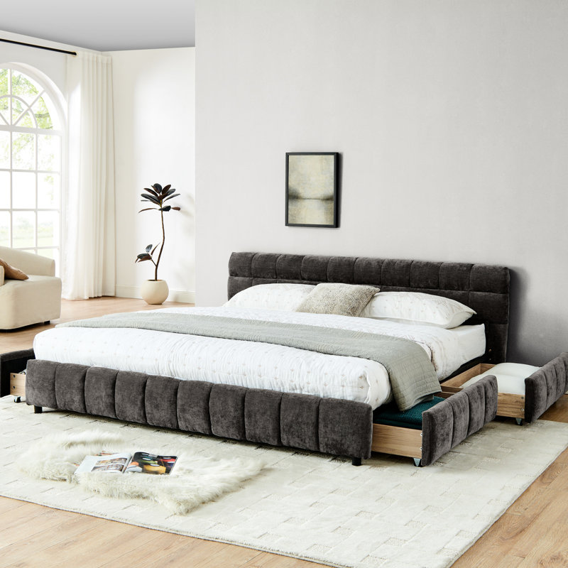 Très grand lit confortable avec tête de lit tapissier et tiroir efficace - Tissu chenille confortable gris foncé, Gris foncé