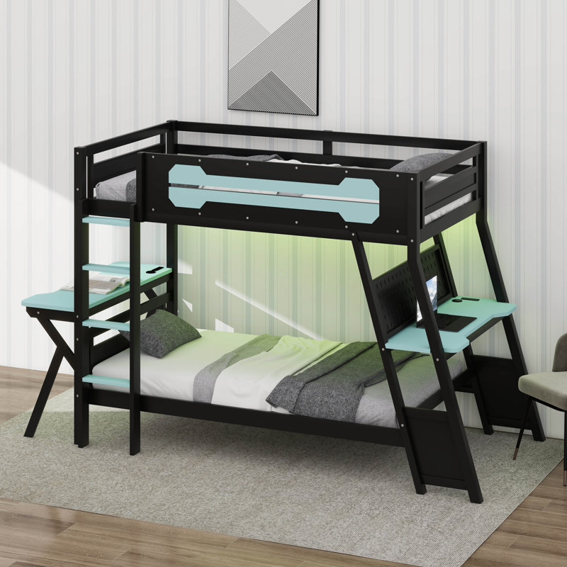 Wood Bunk Bed With Desk, Bunk Bed With Charging Station And Pegboard, Game Room Bunk Beds For Small Space, Twin, Cloud Blue