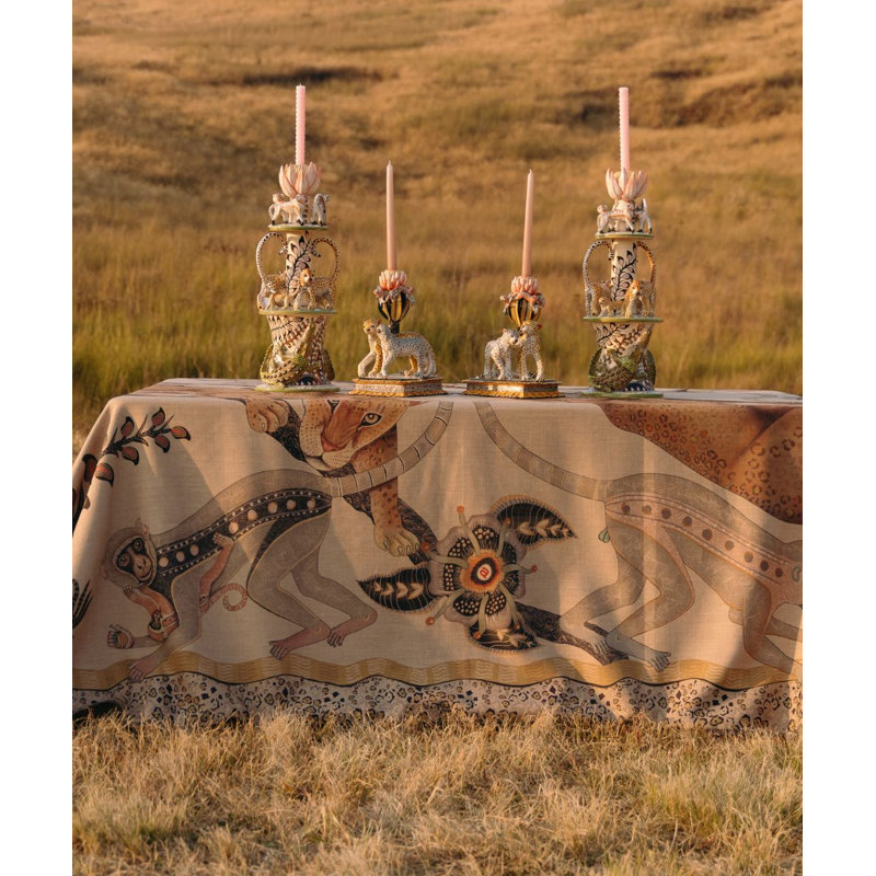 Monkey Tales Tablecloth - Linen, 138" L, Stone