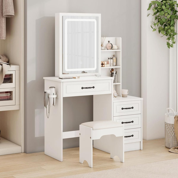 46.7 Makeup Vanity Table with Mirror, Vanity Desk with 5 Drawer, Bedroom Dressing Table, White Latitude Run