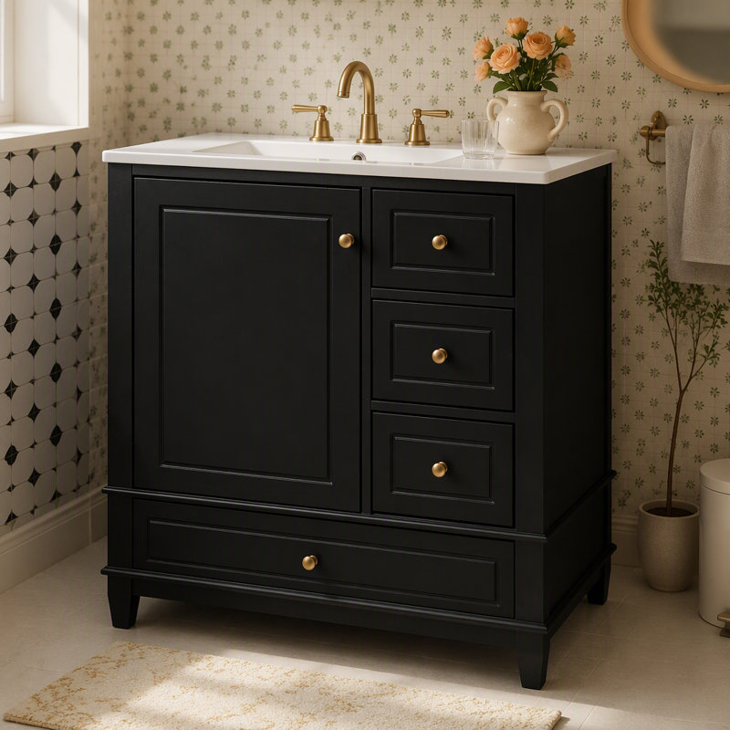 Meuble-lavabo 30 po avec lavabo, une porte avec tablette et trois tiroirs, porte à fermeture douce, porte gauche, Noir