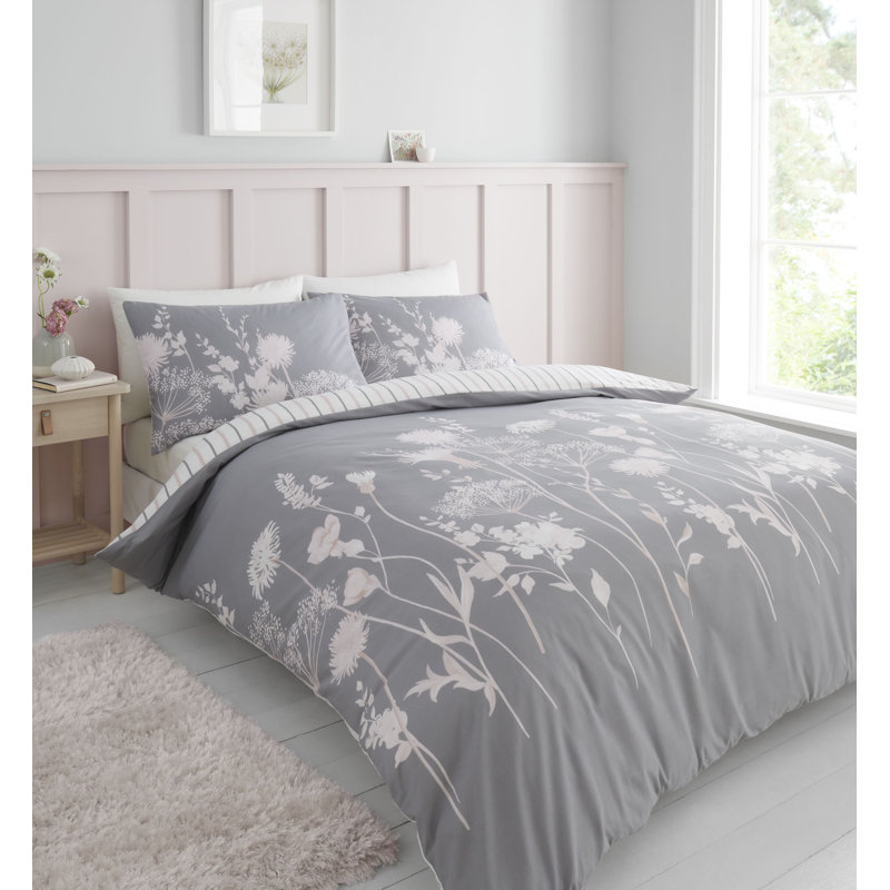 Meadowsweet Floral Reversible Duvet Cover Set with Pillowcases, King Duvet Cover + 2 Standard Pillowcases, Pink/Grey