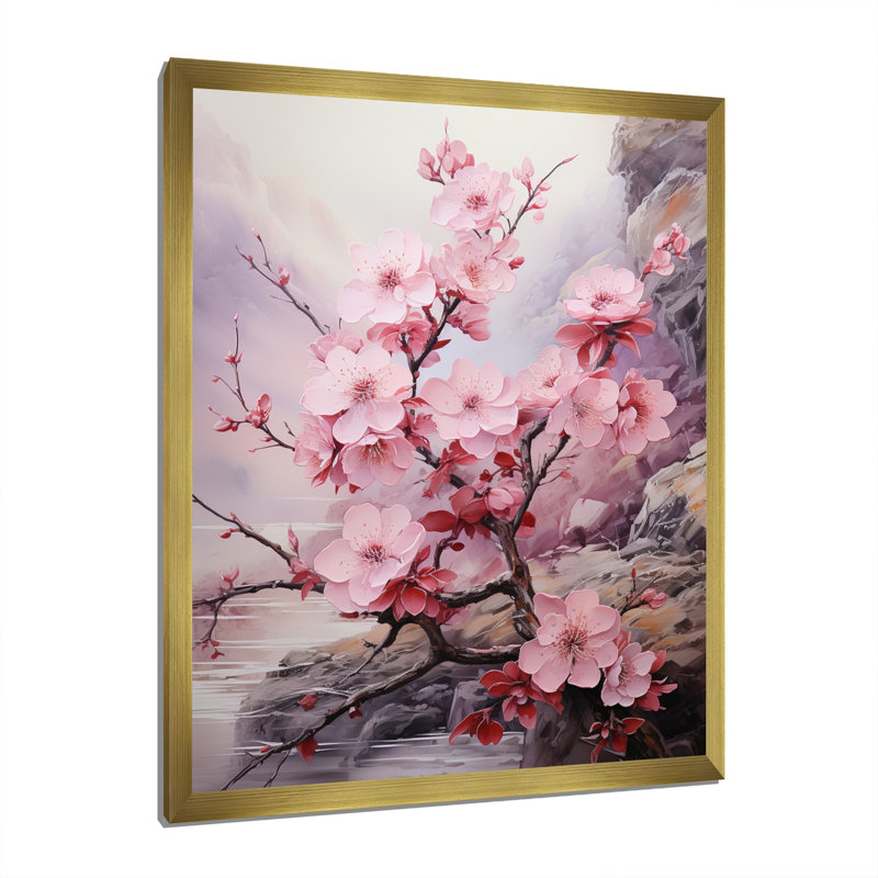 Kapedes, art asiatique, fleurs de cerisier III, Encadrement doré, H 44 po x l 34 po x P 1,5 po