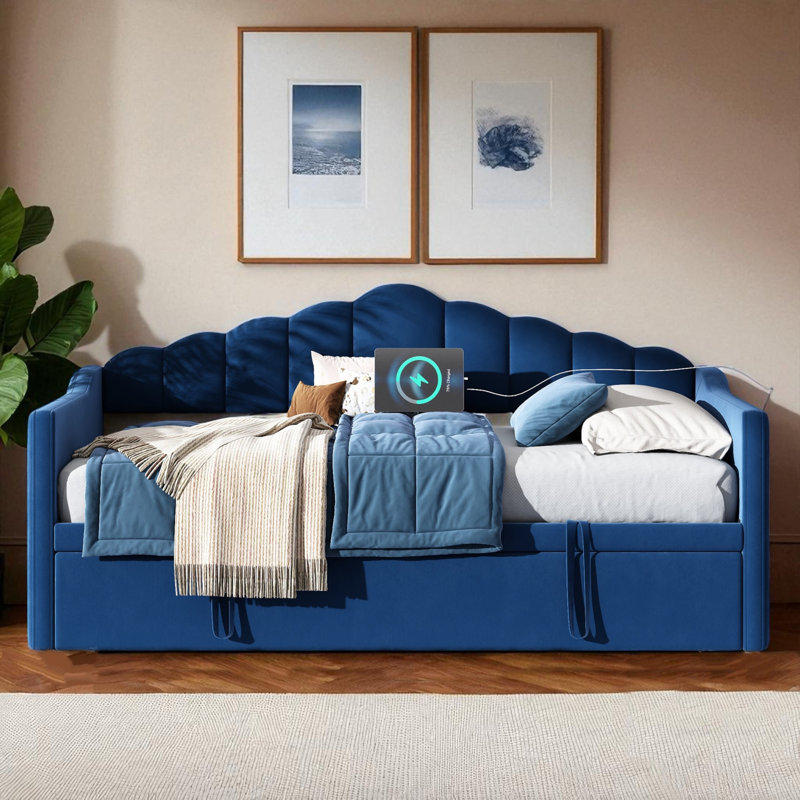 Upholstered Daybed With Trundle, Blue
