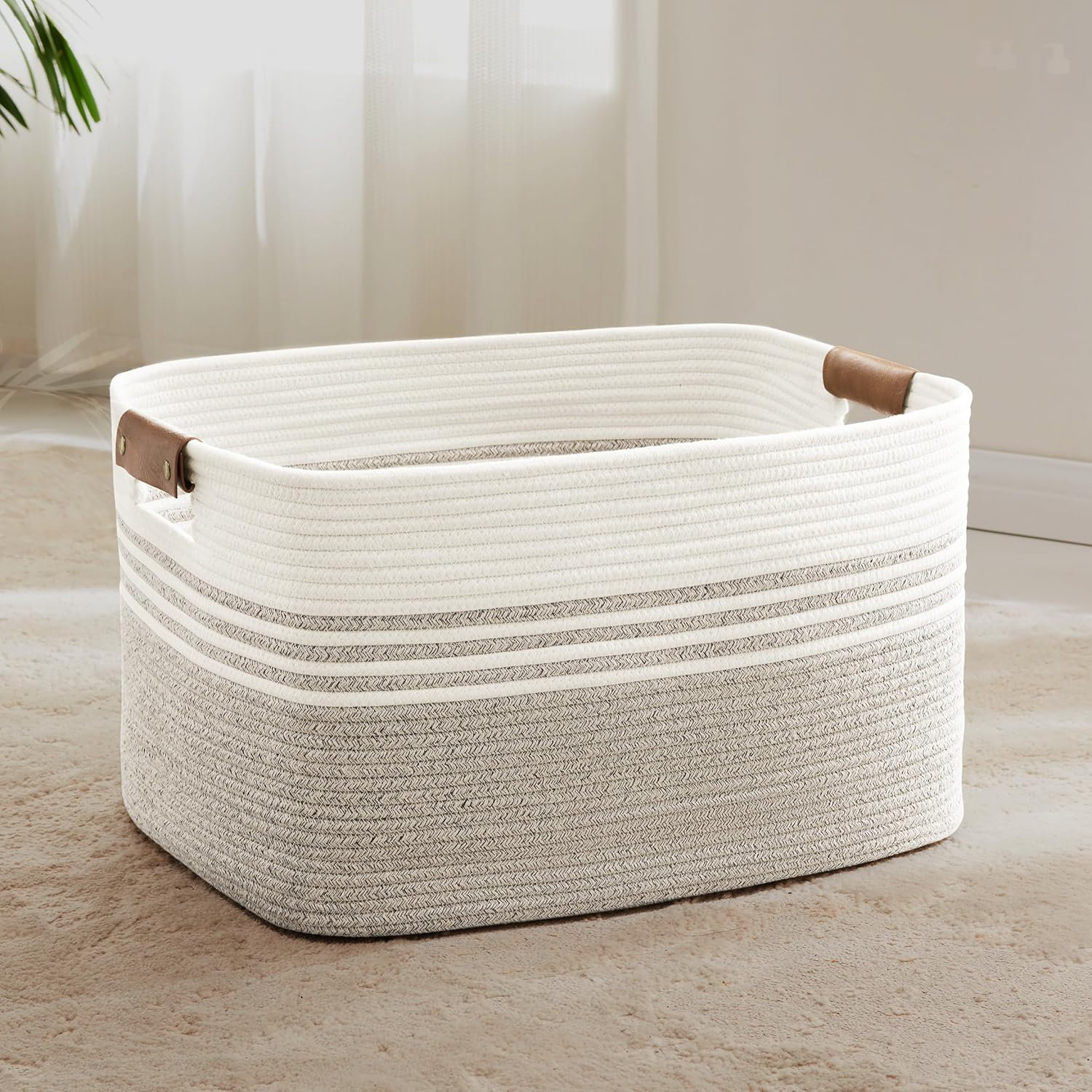 Latitude Run® Large Woven Laundry Basket With Leather Handles - Cotton Storage Hamper For Clothes, Blankets, Toys, And Towels - Durable Rectangular Design For Bedroom, Living Room, And Bathroom Organization | Wayfair