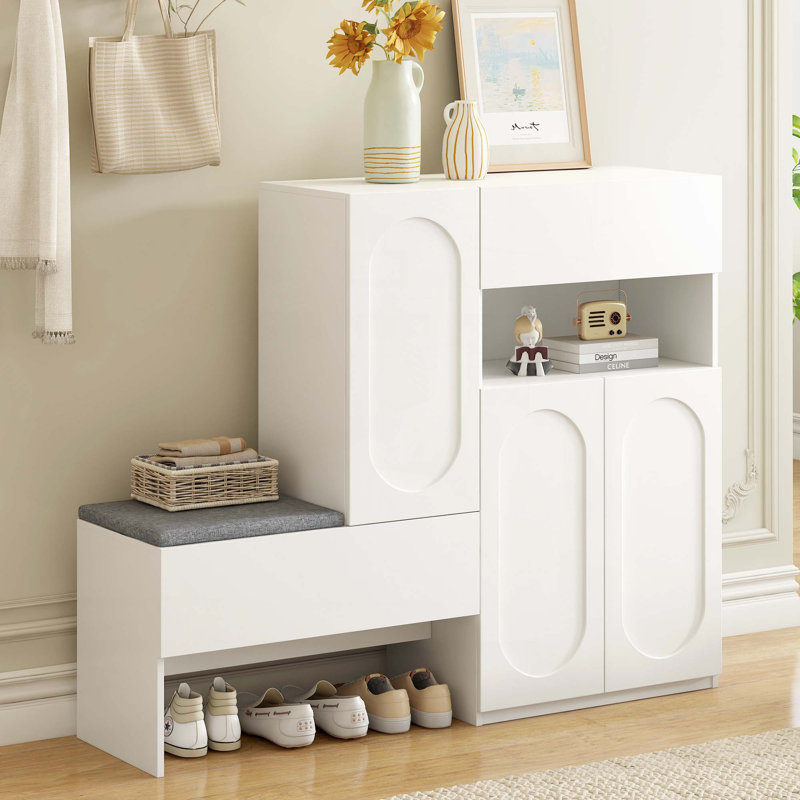 Armoire de rangement pour 18 paires de chaussures avec banc, Blanc