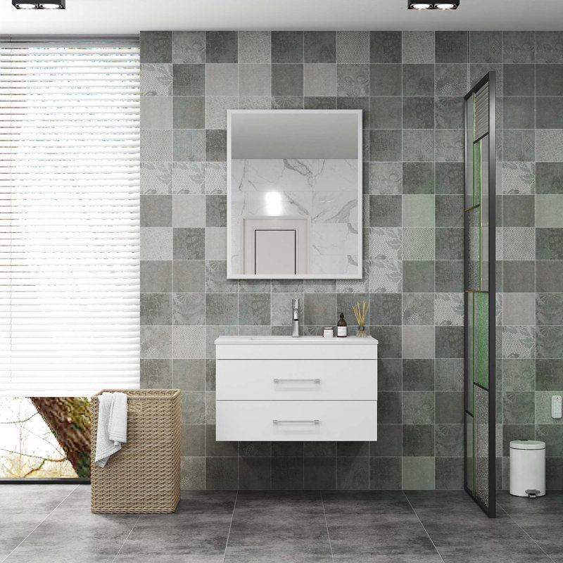 Meuble-lavabo mural blanc brillant avec miroir, 32"
