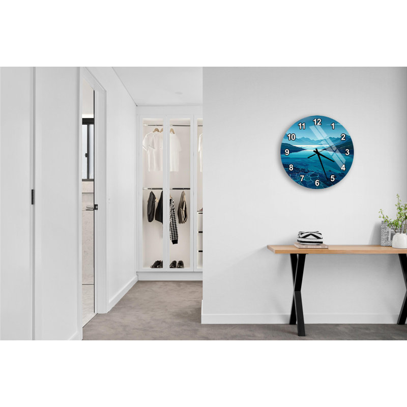 Bleu paysage horloge murale en verre trempé, horloge surdimensionnée, scène de lac horloge, décoration murale moderne, horloge décorative, horloge silencieuse décorative
