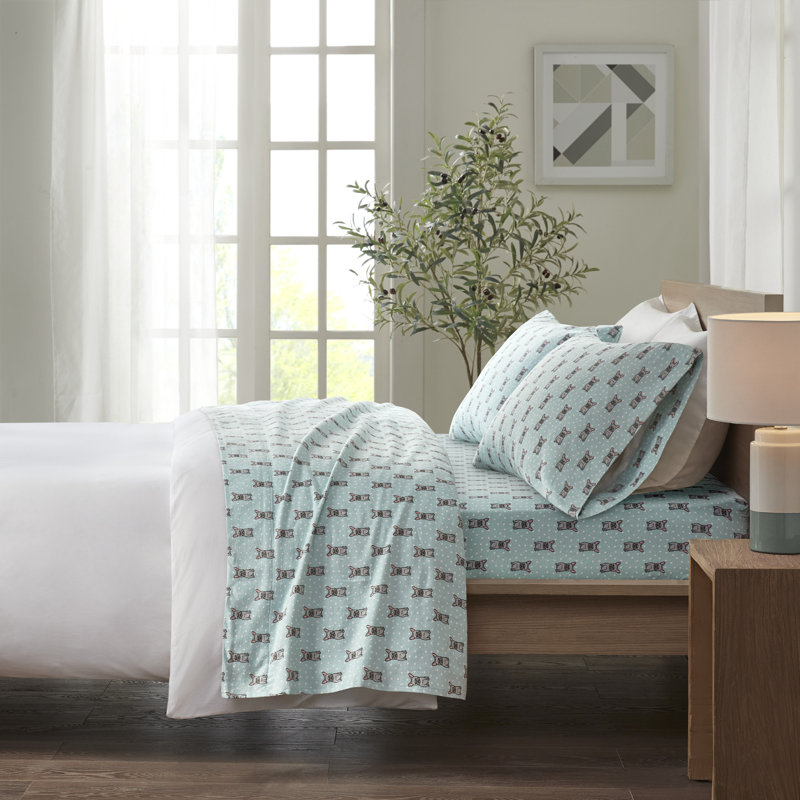 Ensemble de draps 100% coton Cozy, Ensemble de draps très grand californien avec 2 t, Turquoise, bouledogue français