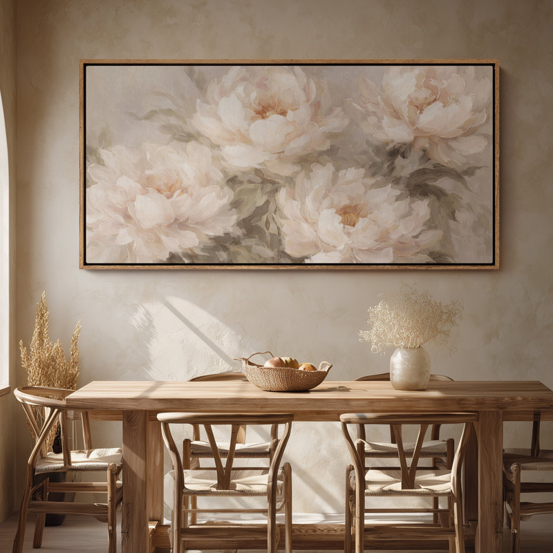 Art mural encadré sur toile - Bouquet de pivoines romantiques dans une palette neutre rétro - 16 po x 24 po, 24 po x 36 po