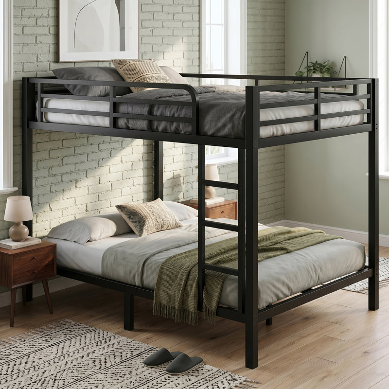 Heavy-Duty Metal Bunk Bed with Safety Guardrails, Built-In Ladder, Noise-Free Slats & Under-Bed Storage, Full XL Over Full XL
