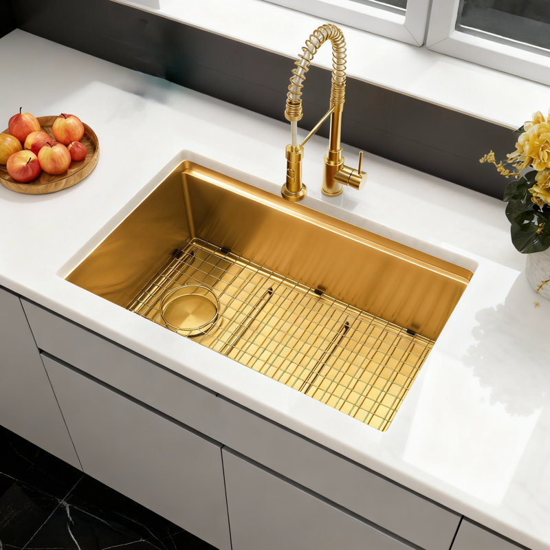 28''L X 18''W Workstation Undermount 16 Gauge Stainless Steel Kitchen Sink Single Bowl, Gold