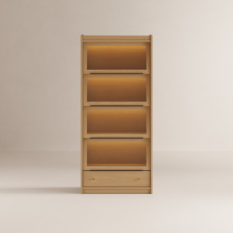 Bibliothèque d'avocat Renwick à 5 niveaux en bois massif, 177 cm de hauteur, avec portes vitrées et tiroir., Tanné