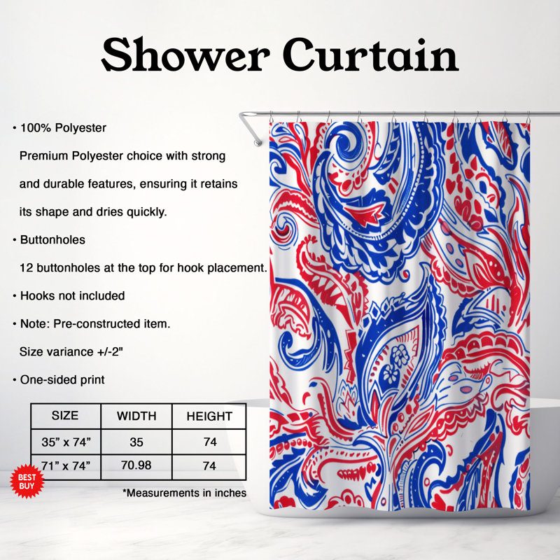 Rideau de douche standard 1 pièce Scarlet and Sapphire Paisley, H 74 po x l 71 po, Royal Blue Red