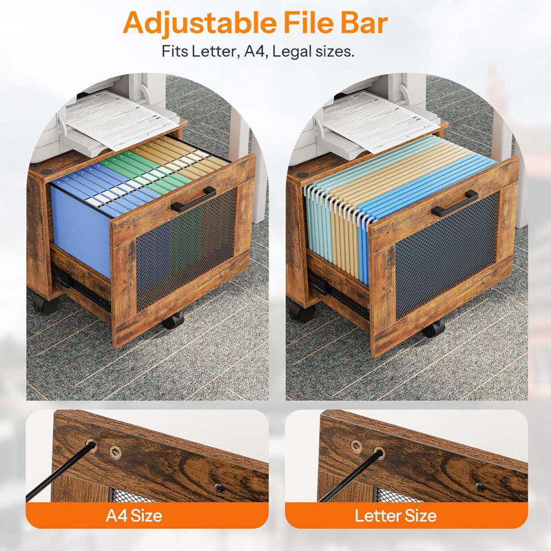2 Drawers File Cabinet, Rolling File Cart, Small Filing Cabinet On Wheels Under Desk, Home Office Mobile Filing Organizer Box File Basket For A4, Letter Files, Rustic Brown
