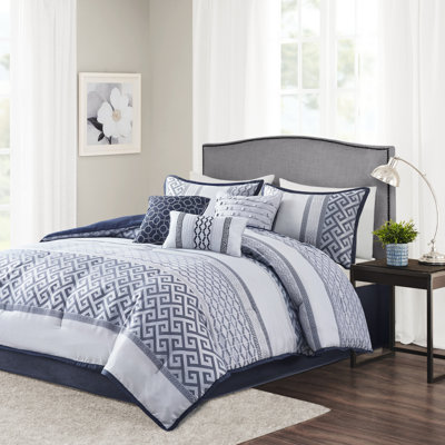 Couette de luxe bleu marine pour lit queen, 7 pièces - Doublure en microfibre douce avec taies d'oreiller, coussins décoratifs et jupe de lit inclus.