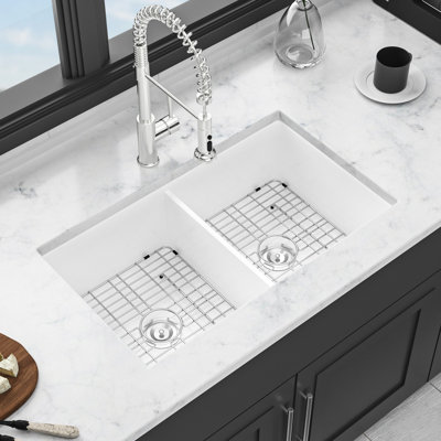 Évier en céramique 32 "à double cuve - Bassin rectangulaire blanc pour un nettoyage de cuisine moderne et profond