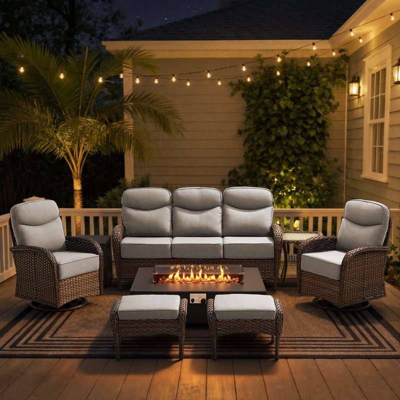 7-Piece Outdoor Wicker Courtyard Fire Pit Conversation Set With Sofa, Swivel Chairs And Ottomans, Beige