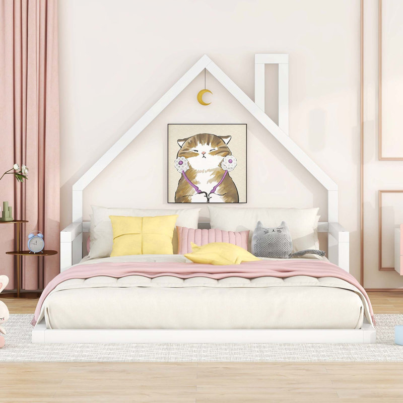 Lit en bois avec tête de lit en bois, Double, Blanc