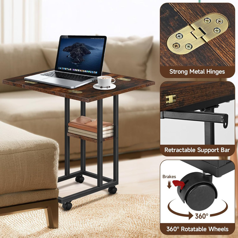 Allyson Rustic Brown Foldable Expandable C-Shaped End Table With Storage & Wheels For Living Room