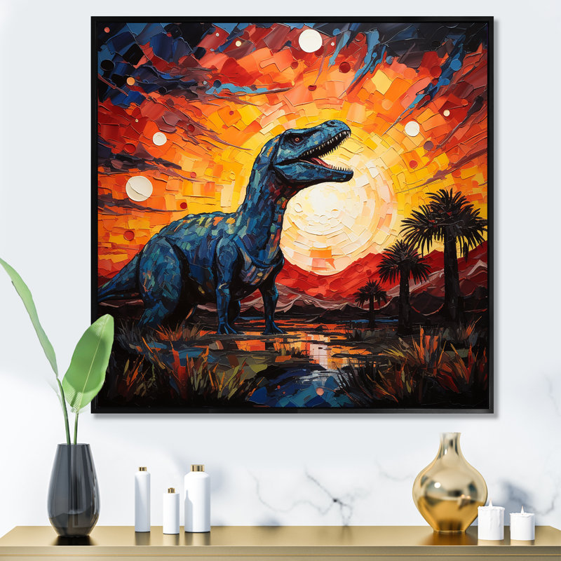 Coucher de soleil de dinosaure rouge et jaune II - art de mur de dinosaure, Cadre flottant noir, H 30 po x l 30 po x P 1,5 po