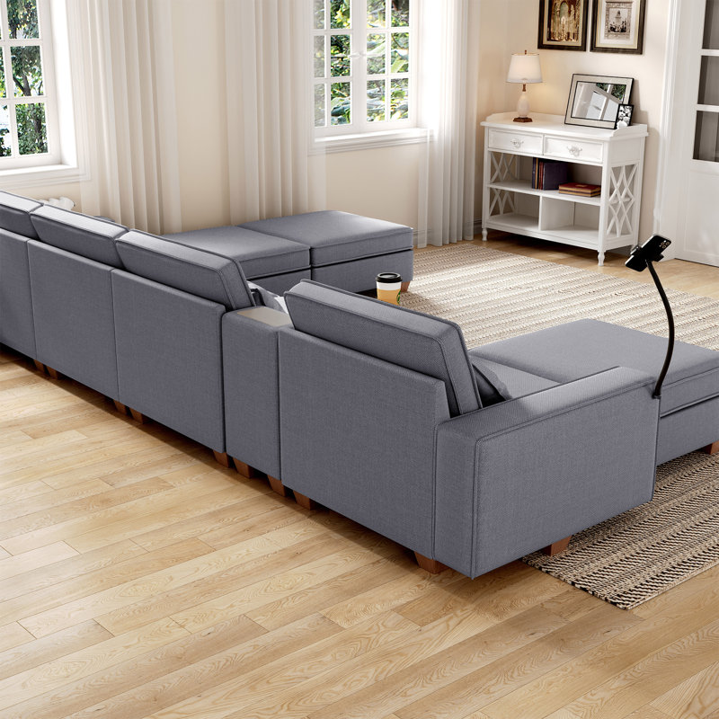 123" U Shaped Modular Sectional Sofa 6 Seats with Storage Seat and Console Table, Light Grey Fabric