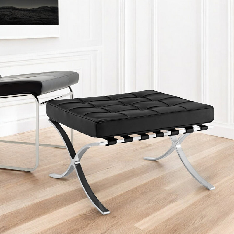 Repose-pieds 24 po en cuir véritable noir et repose-pieds capitonné argenté