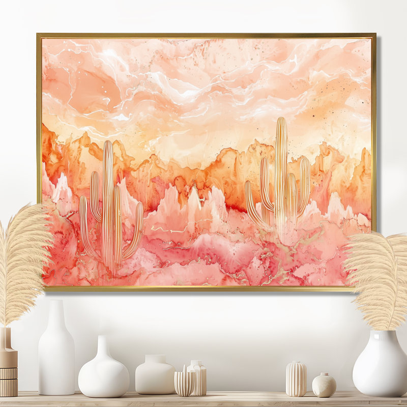 «Velvet Pulse Of Cactus I», impression d'art mural cactus floral, 30" H x 40" W, Reproduction avec cadre flottant, Gold