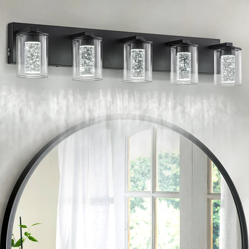 Black Vanity Light (5-Light, 32-Inch), (3000K/4000K/6000K, Dimmable) LED Bathroom Light Fixture, Modern Wall Light Over Mirror with Clear Glass Shade