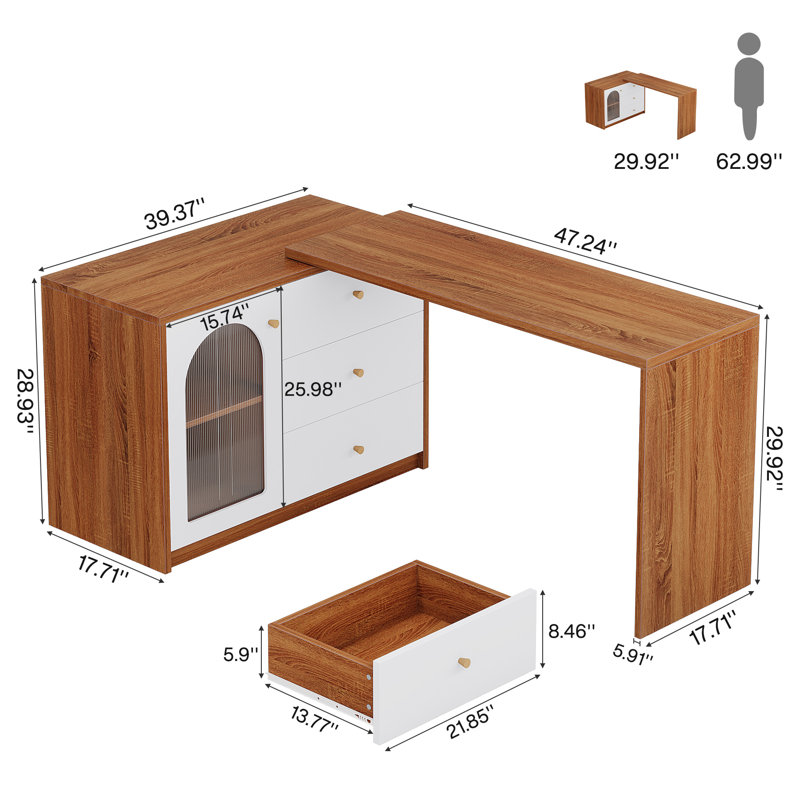  Rebacca L-Shaped Computer Desk, Corner Home Office Desk With Drawer Cabinet, Brown