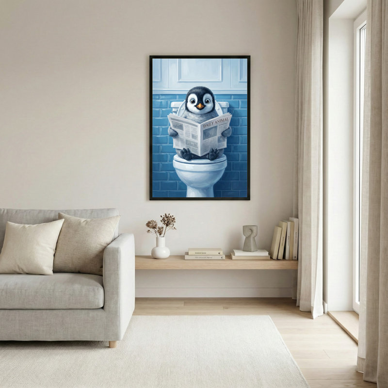 Tableau sur toile représentant un pingouin lisant un journal sur les toilettes (1 pièce), H 30 po x l 20 po