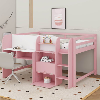 Full Size Low Loft Bed With Built-In Desk,Storage Cabinets And Open Bookcase,Whiteboard For Graffiti by Harriet Bee