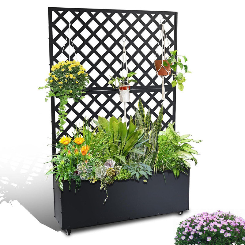 Metal Planter Box with Trellis Privacy Screen, Raised Garden Bed with/without Trellis & Wheels, Privacy Planters for Patio, Planter Box with Drainage Holes for Climbing Plants, Flower