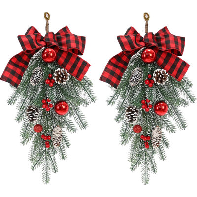 Front Door Swag - Green & Red - Pine Cone & Bow Teardrop, Winter/Christmas Garland, Indoor/Outdoor Decor