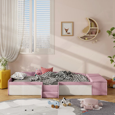 Twin Size Velvet Upholstered Daybed With Stairs, Gas Lift Storage Ottoman, And Padded Guardrails For Kids