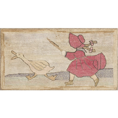 American Hooked Antique Small Scatter Size 1930s Wool Ivory Rug